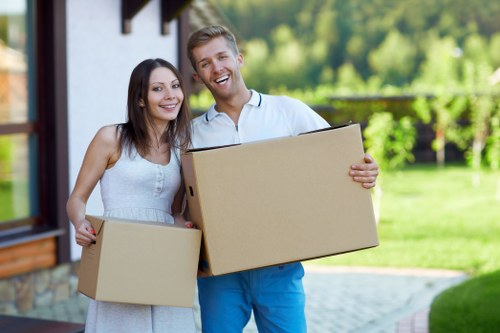 Packed office items ready for transport during a business move