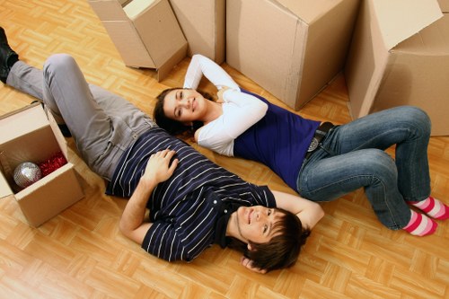 Boxes and household items prepared for a removals van collection in Hainault