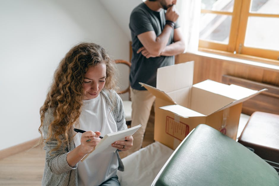 Inside a home's living room during a furniture transport and packing process, a young woman with curly brown hair, wearing a white top and grey cardigan, is seated and writing on a notepad, likely noting inventory or packing details. Behind her, a man dressed in a dark t-shirt and beige pants stands with his arms crossed, observing the scene, near a window with natural daylight illuminating the space. The room contains an open cardboard moving box positioned on a wooden surface, with various packing materials nearby. A green, corrugated cardboard moving box is partially visible in the foreground, indicating ongoing packing activities as part of a home relocation. The setting is tidy and well-lit, emphasizing organized furniture transport preparation typical of professional removals services by companies such as Man with Van Hainault, involved in logistical aspects of house moving and furniture transport.